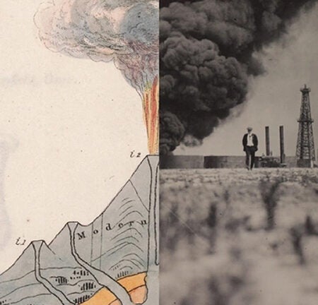 split image-half features a colored engraving from a text of geology and mineralogy, the other half features a 1920s photograph of an oil well on fire