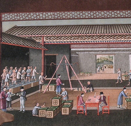 Nineteenth-century painting of foreign merchants buying tea from Chinese dealers.