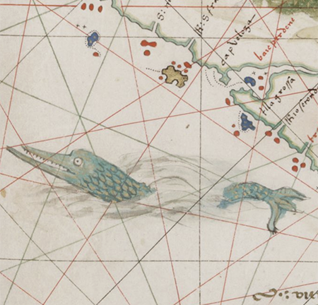 detail of a sea monster from the Portolan atlas
