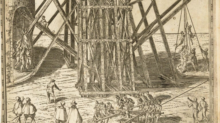 17th-century print of figures transporting an obelisk to the Vatican