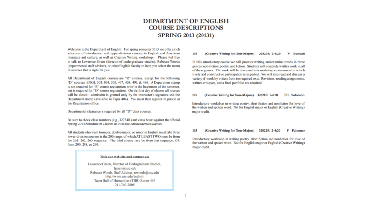 ENGLISH & CREATIVE WRITING COURSE DESCRIPTIONS