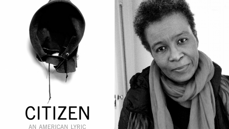 Author, Claudia Rankine smiles slightly to the camera. A long scarf is around her neck. To the left of Claudia is an image of her novel, An American Lyric. The cover is solely a black hood with the title and subtitle below.