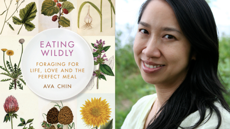 Alumni Ava Chin smiles kindly next to the cover image of her novel, EATING WILD. The novel cover consists of the title, subtitle, and author's name with wildflowers in the cover's background.