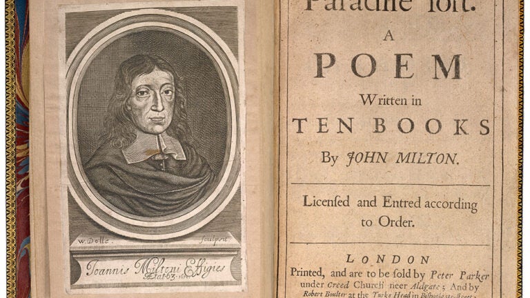An antique open book displays the opening title for Paradise Lost on the right page. On the left, is a pencil-drawn image of the author, John Milton.