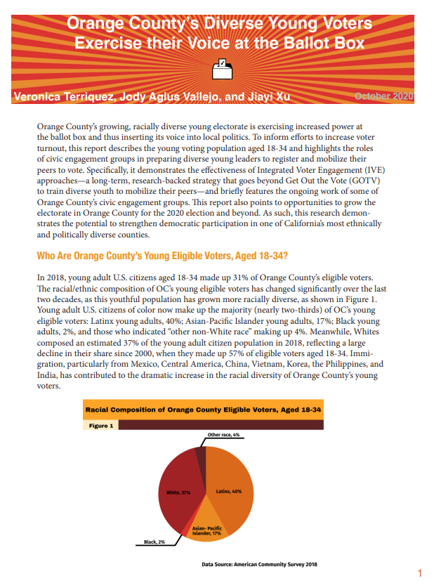 report cover featuring a pie chart of racial composition of Orange County Eligible Voters, aged 18-34, based on data from the American Community Survey in 2018