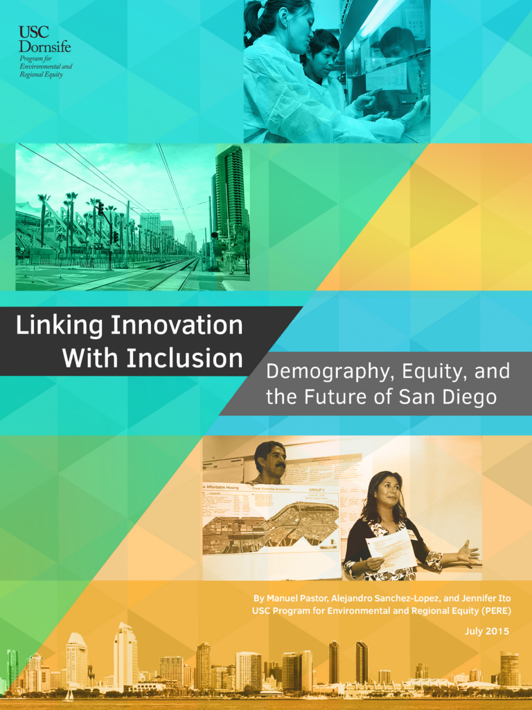Report cover featuring diverse people in a lab, a light-rail system, and people of color presenting about affordable housing