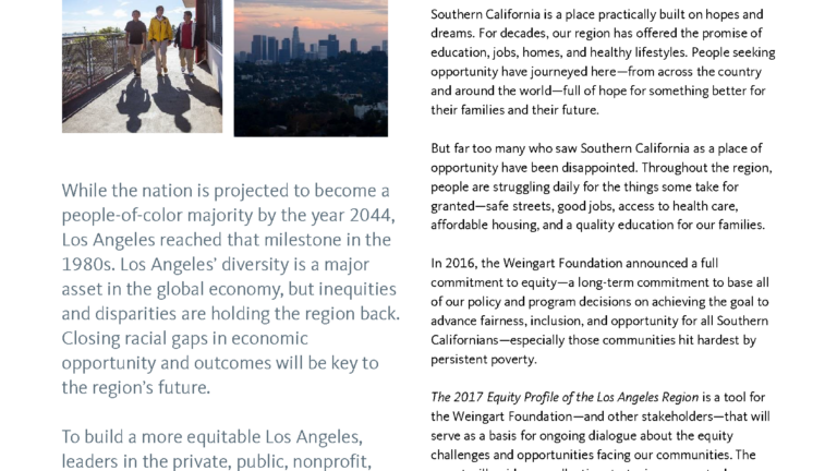 Report summary featuring a photo diverse young students alongside a City Year tutor alongside a photo of the downtown Los Angeles skyline