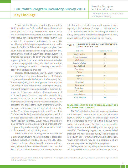 first page of report featuring table of the number of organizations completing surveys by Building Healthy Communities site