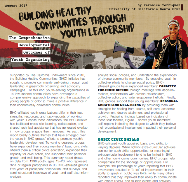 first page of report featuring artwork and graphic depicting diverse youth engaging in collective organizing efforts