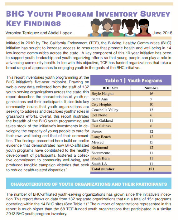 first page of report featuring a data table of the number of youth programs per Build Healthy Communities site