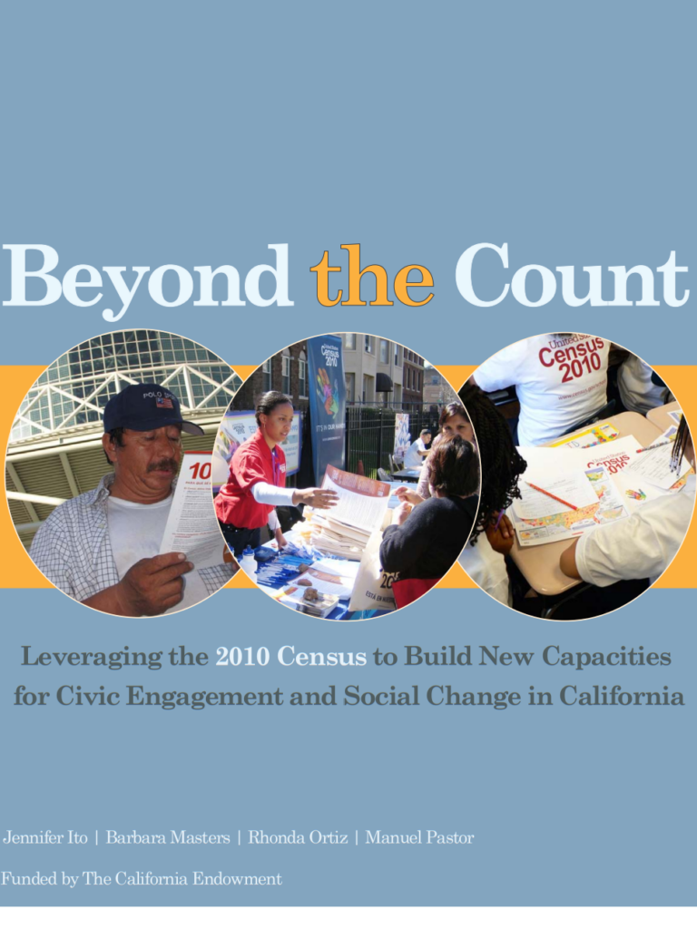 Front cover of the report featuring three images of diverse groups of people participating in civic engagement efforts