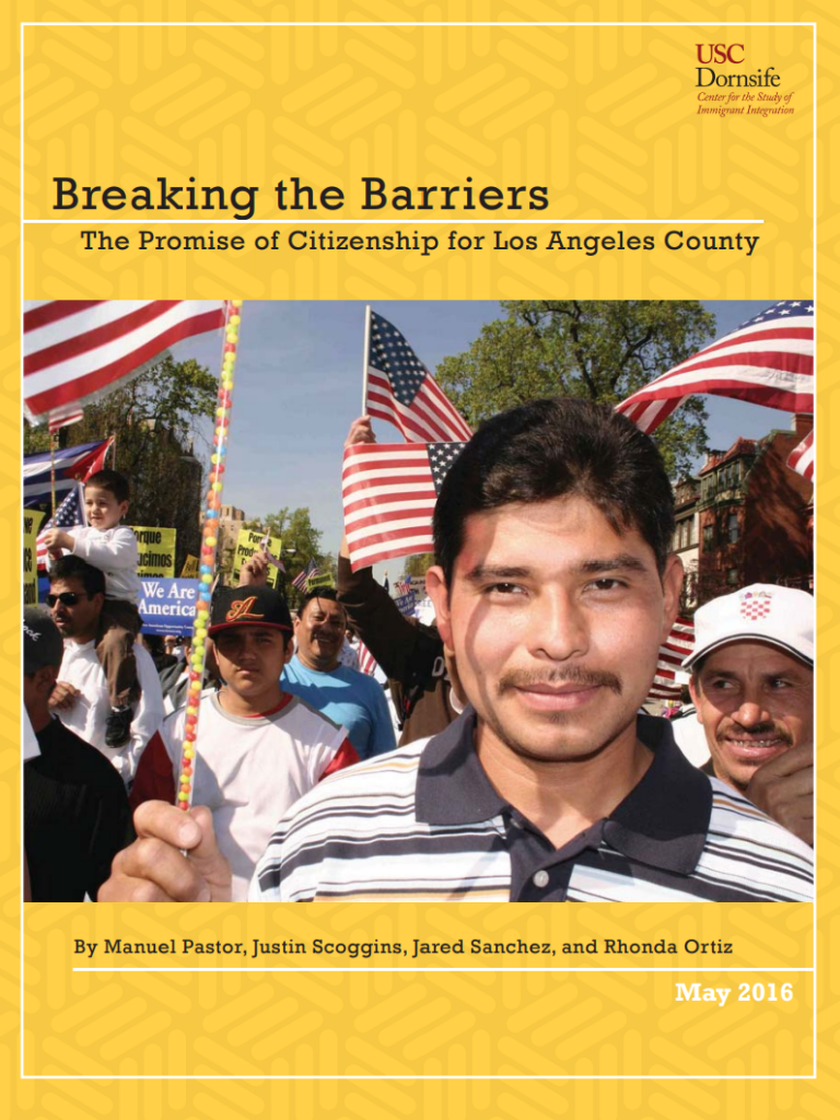 Breaking the Barriers report covert featuring diverse crowd of people holding the United States flag