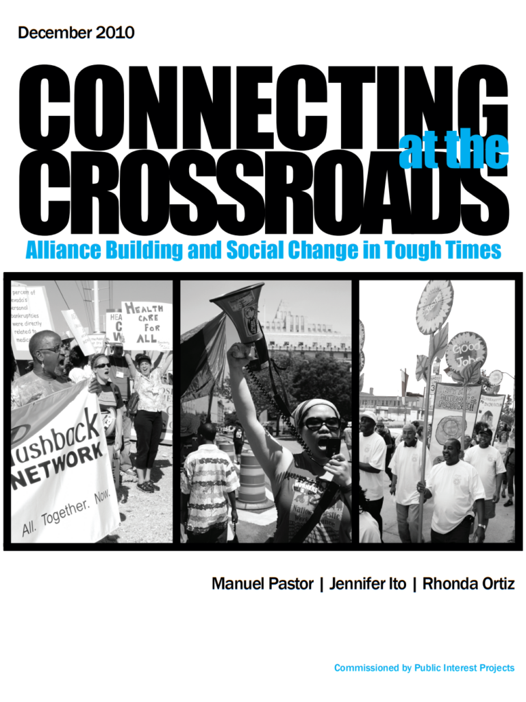Report cover featuring black and white images of protestors advocating for good jobs and health care