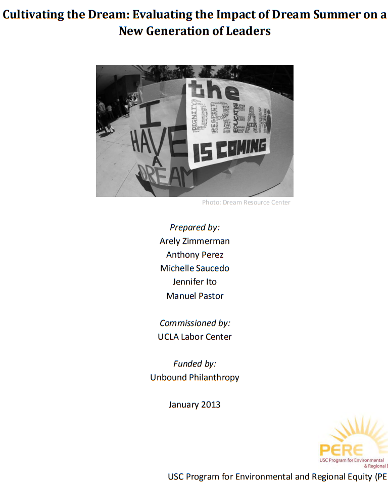 Report cover featuring protest posters about the dream