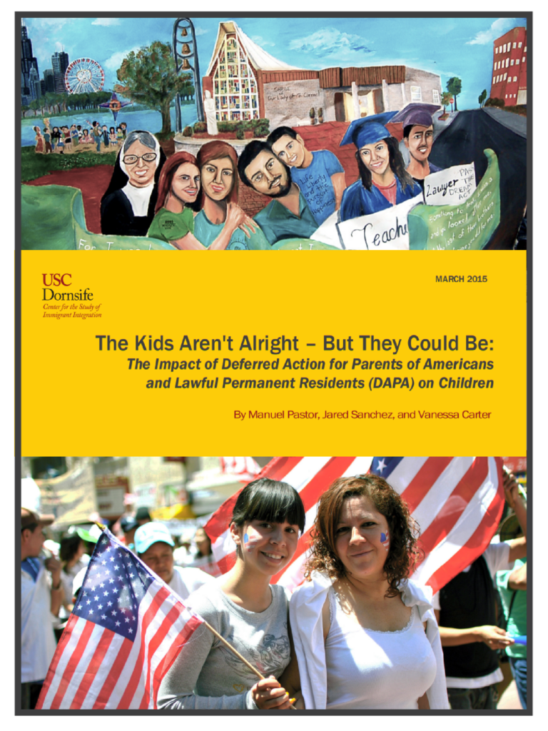 Report covering featuring artwork of an immigrant family attending a graduation ceremony and a photograph of two people of color holding the United States flag