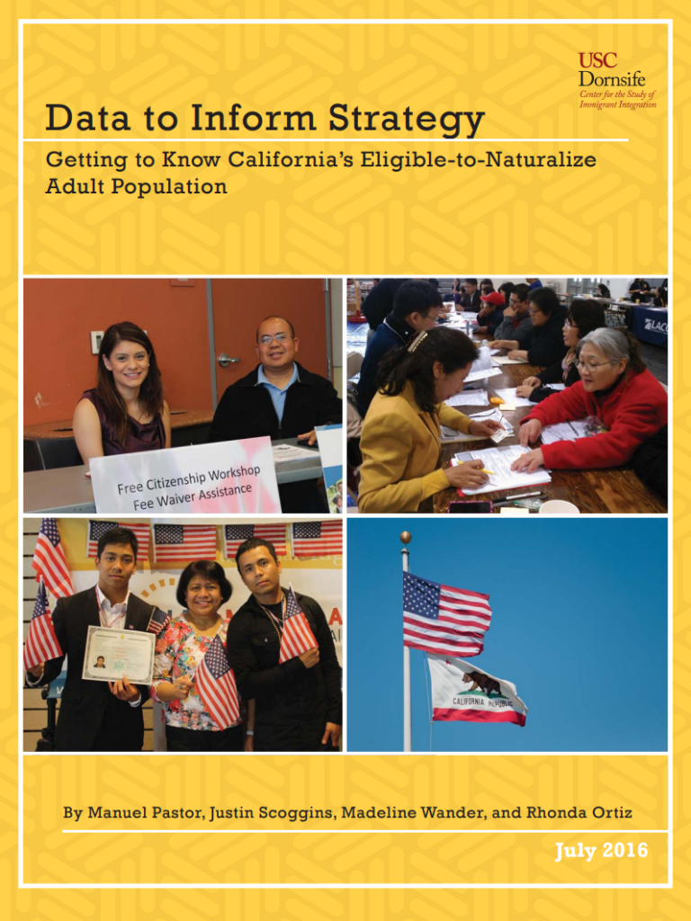 Data to Inform Strategy report cover featuring images of diverse groups of people at events regarding naturalization
