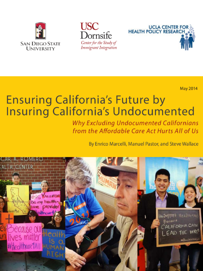 Report cover of diverse people holding signs about Healthcare4all