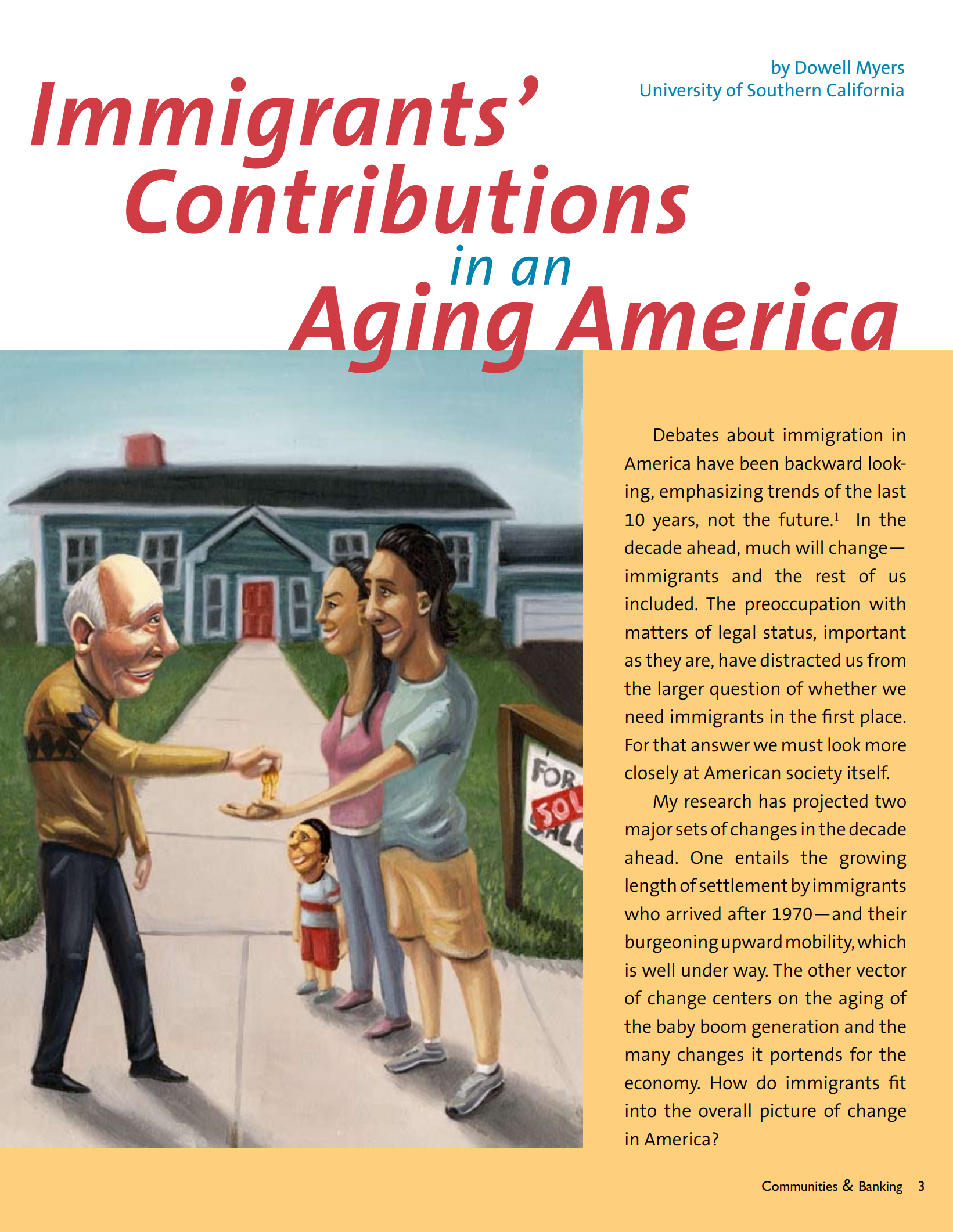 Report cover featuring artwork of an elderly man giving house keys to a family of color