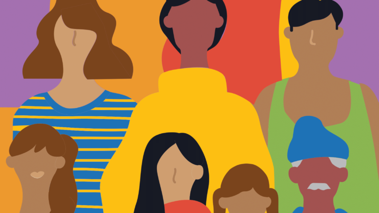 Report cover featuring colorful graphic art of a diverse group of people