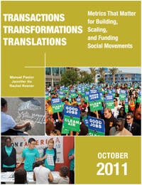 Cover of the Transactions Transformations Translations report with images of activist holding up signs and engaging in community events