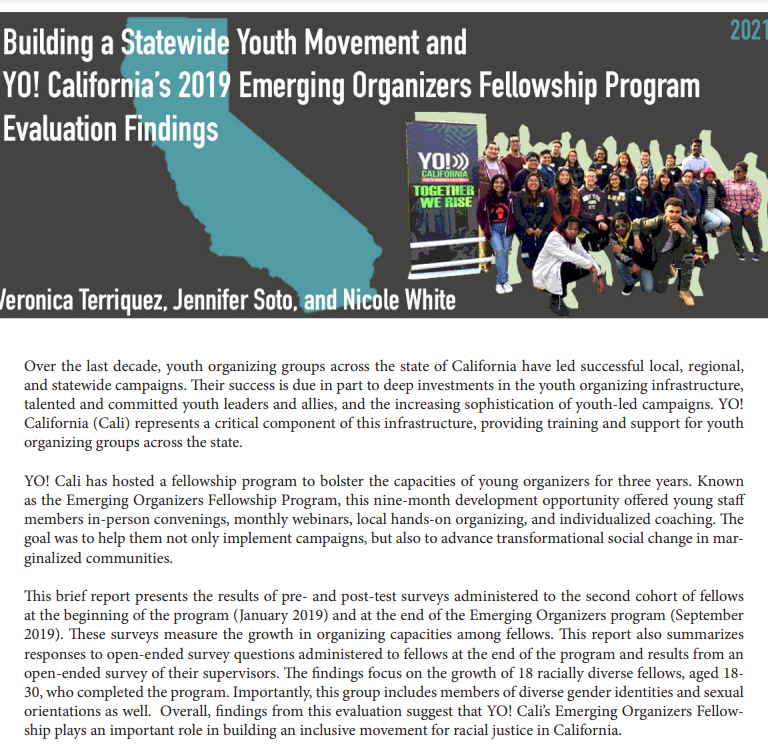 report's first page featuring photo of diverse youth participating in local organizing