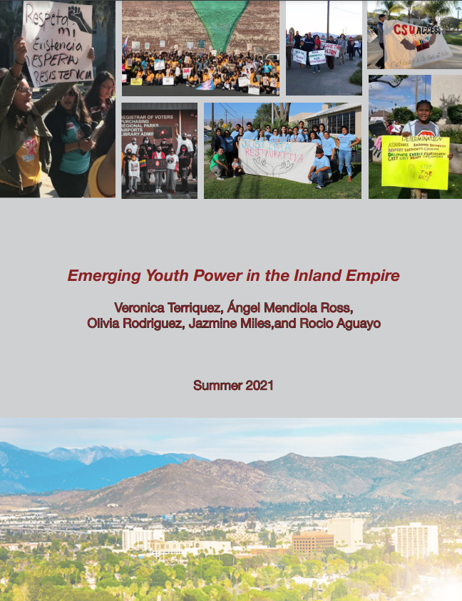 report cover featuring various photos of youth and young adults holding advocacy signs in the Inland Empire