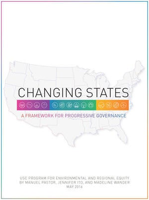 Cover of the Changing States report with an outline of the United States