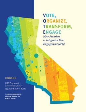 Cover of the Vote, Organize, Transform, Engage report with an illustration of the outline of the state of California