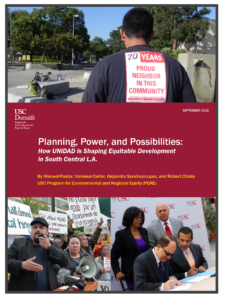 Report cover of diverse crowd of people protesting for housing affordability alongside photo of USC event signers