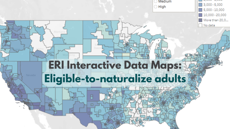 Text reads: ERI Interactive Data Maps: Eligible to Naturalize Adults over a screenshot of the data tool map of the U.S.