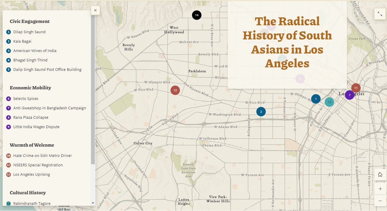 a screenshot of a map of locations featured in a "Radical History of South Asians in Los Angeles"