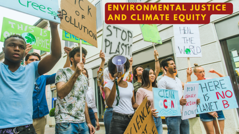 a group of diverse college age students in the streets holding protest signs advocating for the environment