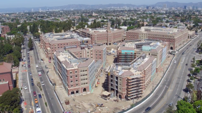 Aerial view of the USC Village construction prior to completion in 2017