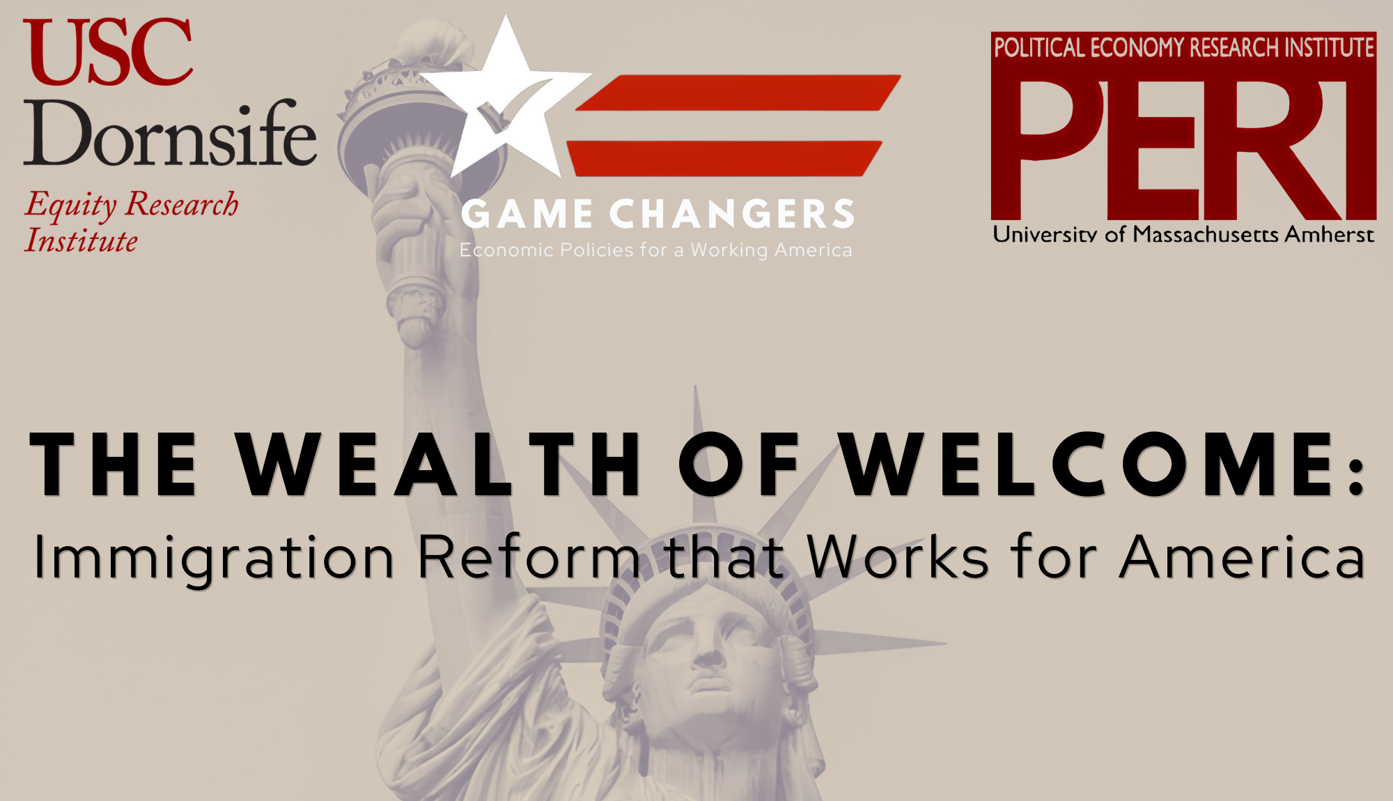 Decorative graphic featuring logos and title over top a photo of the Statue of Liberty