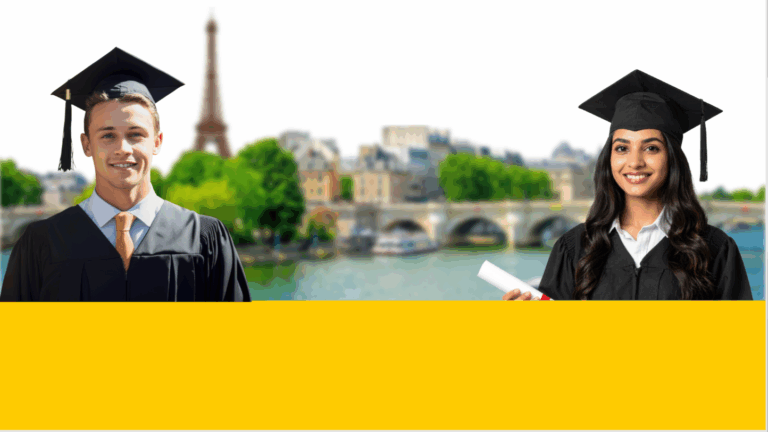 Two students wearing graduation robes in Paris, France.