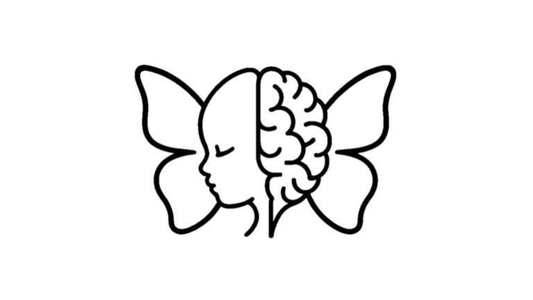 left half of baby face with right half of baby brain surrounded by butterfly wings