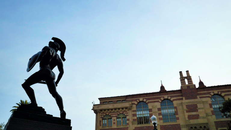 A photo of the trojan statue on the USC campus