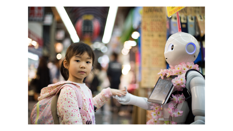 A photo of a girl and a robot