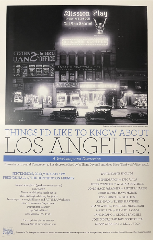 Poster promoting Things I'd Like to Know About Los Angeles event with event details and black and white image of city block at night with lit signs for the Mission Play and businesses and four cars.