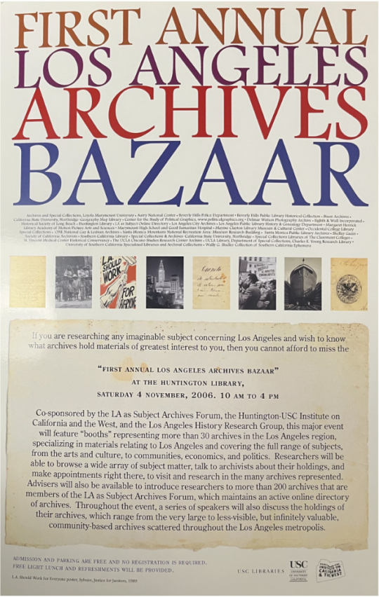 Poster promoting in colored lettering First Annual Los Angeles Archives Bazaar with eight archival elements and details of event.