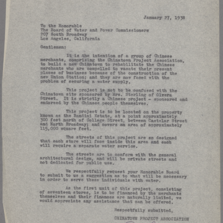 Image of carbon copy of typed letter from Peter Soo Hoo to the Board of Water and Power Commissioners from January 27, 1938 re New Chinatown, signed by Peter Soo Hoo.