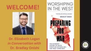 Poster in brown with portrait and book cover with image of church and statehouse