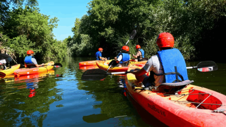 students on river in kayaks