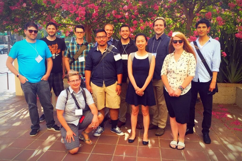 Group of current/former UCI folks at a conference in Pasadena, August 2018. From Left: Shea Garrison-Kimmel, Daniel McKeown, Hal Krylov, Sean Fillingham, José Flores, Tim Carleton, Francisco Mercado, Sijie (Anna) Yu, Kyle Stewart, Coral Wheeler, Victor Robles.