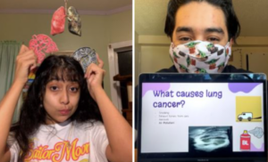 MSP TAs Yvonne Hernandez (on the left) demonstrating 3D models of healthy (pink) vs unhealthy() lung models and Eduardo Lopez (on the right) teaching students about common causes of lung cancer.
