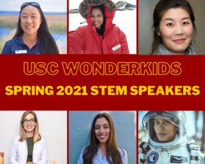 Collage with headshots of the six speakers and text reading "USC Wonderkids" Spring 2021 STEM Speakers