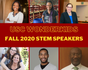 Collage with headshots of the six speakers and text reading "USC Wonderkids" Fall 2020 STEM Speakers