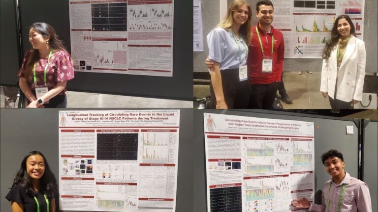 A composite image of four students standing in front of their research posters