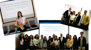 This image collage is composed of three photos. Katrina Huynh appears in all of them. To the left, she appears in front of the screen with the title of her presentation; she is holding a bouquet of flowers. To the right she appears accompanied by two male and a female faculty member. Below, she appears flanked on both sides by a group of students and two faculty members.