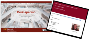 This image is formed by two photos. The photo to the left shows the home screen of the Oerinspanish website. The photo on the right shows an image of an OER developed by a student; the image of the female student is shown as well as an index of the activities she developed.